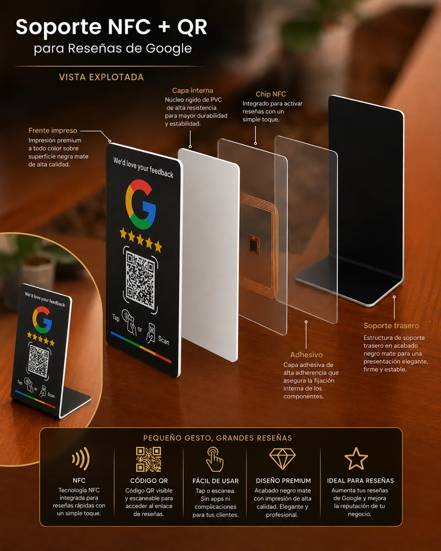 Vista explotada de la placa: el frente impreso, el núcleo rígido de PVC, el chip NFC con su antena, la capa adhesiva y el soporte trasero en negro mate.